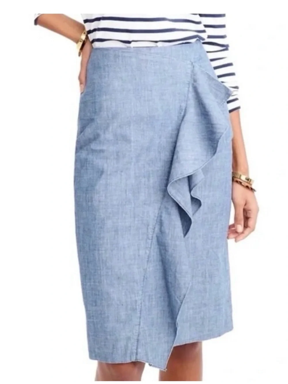J. Crew Chambray Ruffle Knee Length Skirt 4